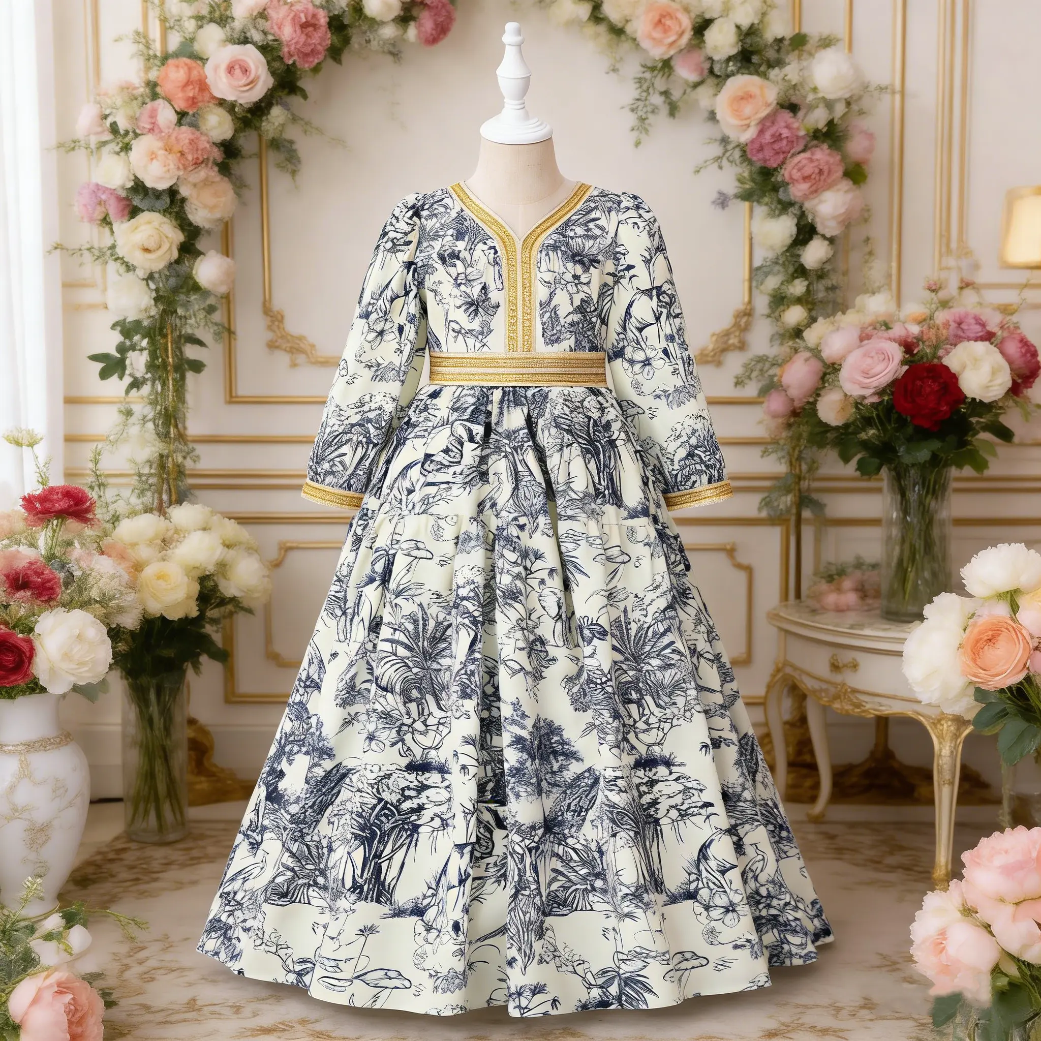 16 Muslim Little girls dress with floral embroidery and gold foil trim at the bottom a childrens party princess dress