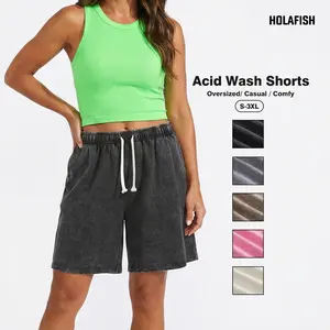 Holafish 1/2Pack Womens Shorts 7" Inseam Shorts Athletic Vintage Short Acid Washed Shorts Cotton Heavyweight Elastic Waist Streetwear Sweatpants Unisex Design, Perfect for Men & Women Mid-Thigh Shorts