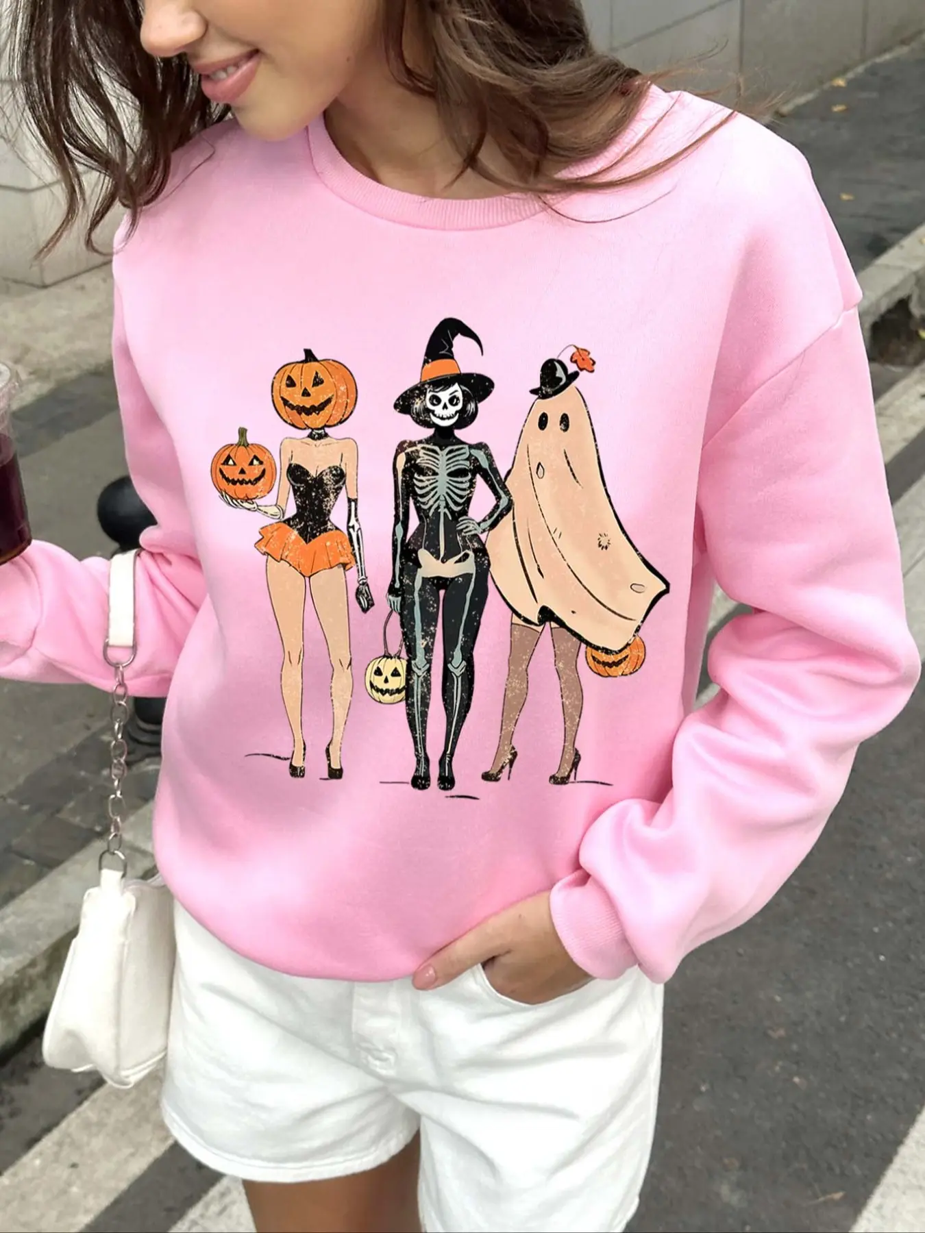 Halloween Skull Ballet Dance Sweatshirt, Loose-Fit Round Neck Pumpkin Skeleton Pullover, Fall & Winter Gothic Style Women's Casual Top