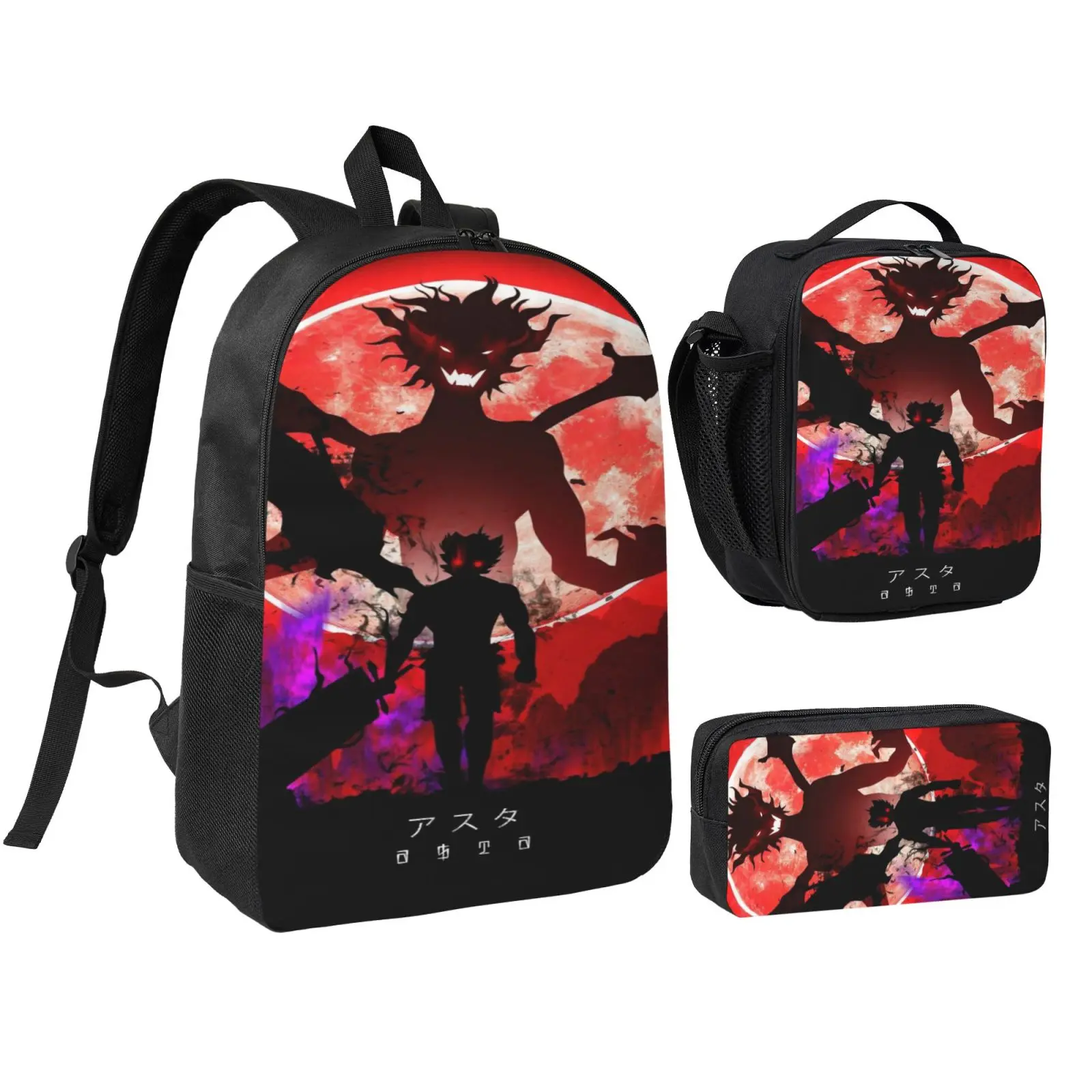 Black Clover 3 Piece Backpack Set Breathable Back Panel with Sturdy Zipper for School Outdoor Travel Hiking Large Medium Small Daypack