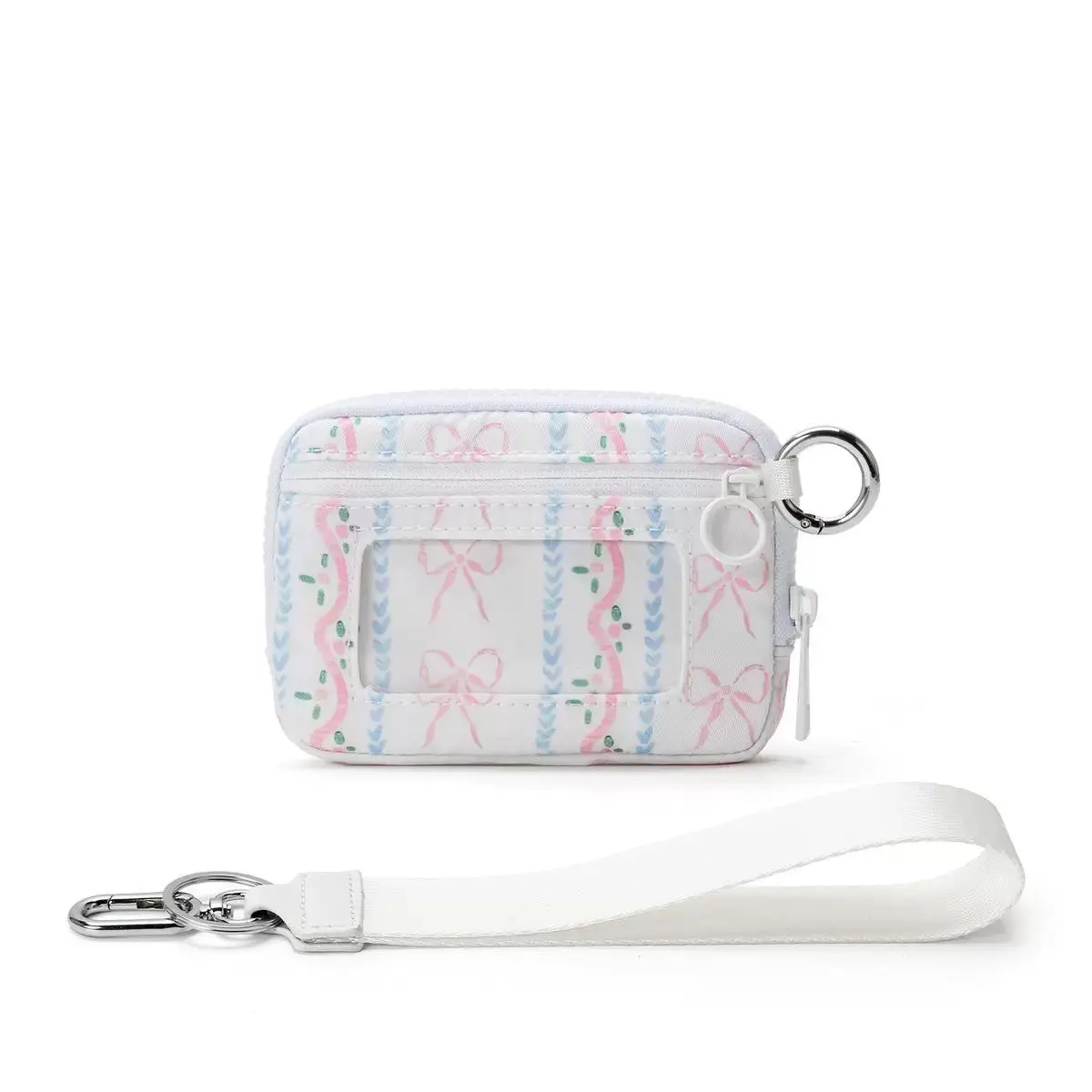 [CC SHOP]Women Cute Print Mini Nylon Card Holder Wallet, Zipper ID Window Coin Purse with Detachable Wrist Lanyard Key Ring, Small Portable Credit Card Pouch for Girls Daily Use