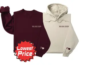 Custom Roman Numeral Couple Hoodie with Initials & Heart Sleeve – Perfect Engagement Anniversary & Matching Sweatshirt Gif