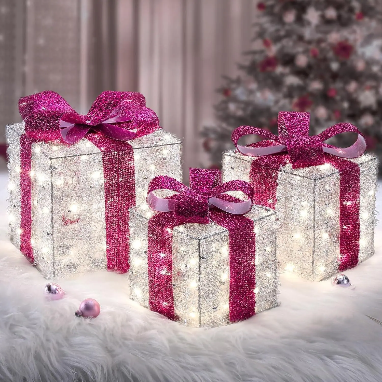3 Sets Multi-Size Classic Metal Lighted Gift Boxes - 140 SMT LEDs for Bright Glow, Reflective Glitter Bow, Magic Tape, 10-Foot Lead Wire, Tinsel Accents, Indoor/Outdoors Home Ornament, LED Party Light, Pink Under-Tree Decor