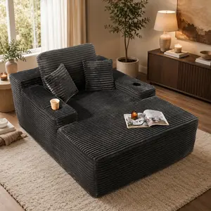 CAODOC Boneless Chaise Lounge Sofa Bed, Oversized Upholstered Corduroy Floor Couch with Cup Holder and Throw Pillows, Deep Seat Sleeper Chair for Adults, No Assembly Sofa Chair for Living Room, Bedroom