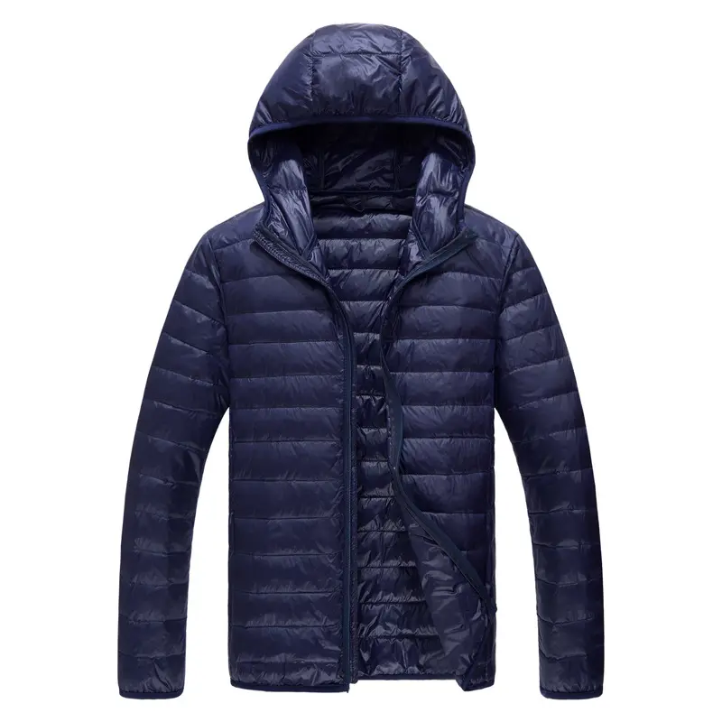 Down jacket with navy blue hood