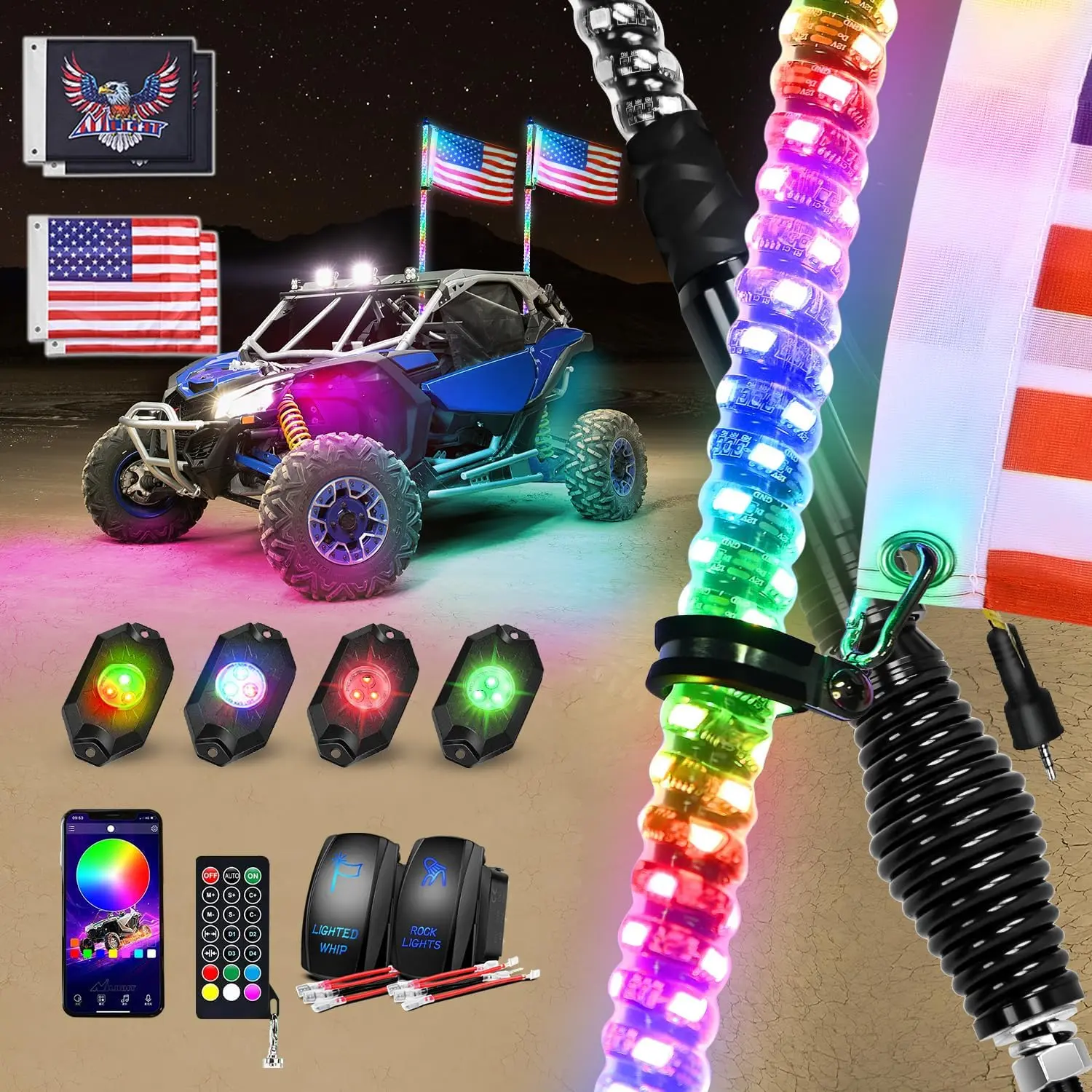 Nilight 2PCS 3FT RGB LED Whip Light with Spring Base and 4 PCS Rock Lights Combo, Remote App Control w/DIY Chasing Patterns Turn Signal Brake Reverse Antenna Lighted Whips for ATV UTV Polaris RZR Jeep