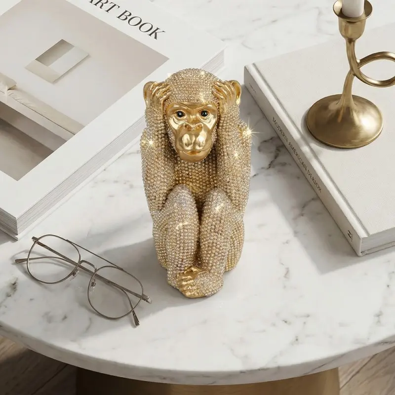 Crystal-Studded Monkey Resin Decor, Golden Finish Wise Monkey Sculpture, Luxury Living Room Ornament, Handcrafted Primate Statue, Housewarming Gift, Resin Animal Ornaments