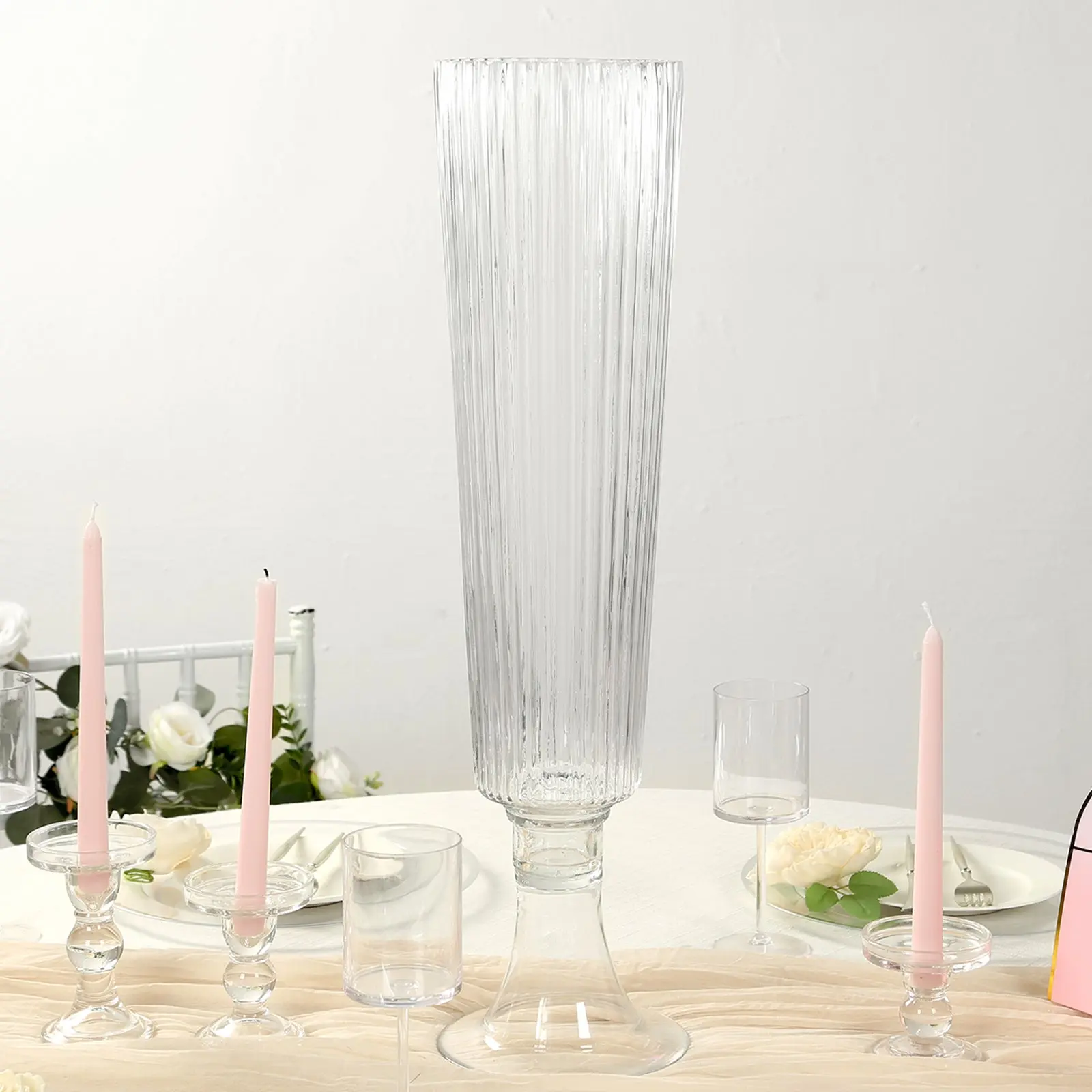 4-Pack Glass Trumpet Vases Ribbed Design 26" Clear - Heavy Duty Floral Wedding Centerpieces