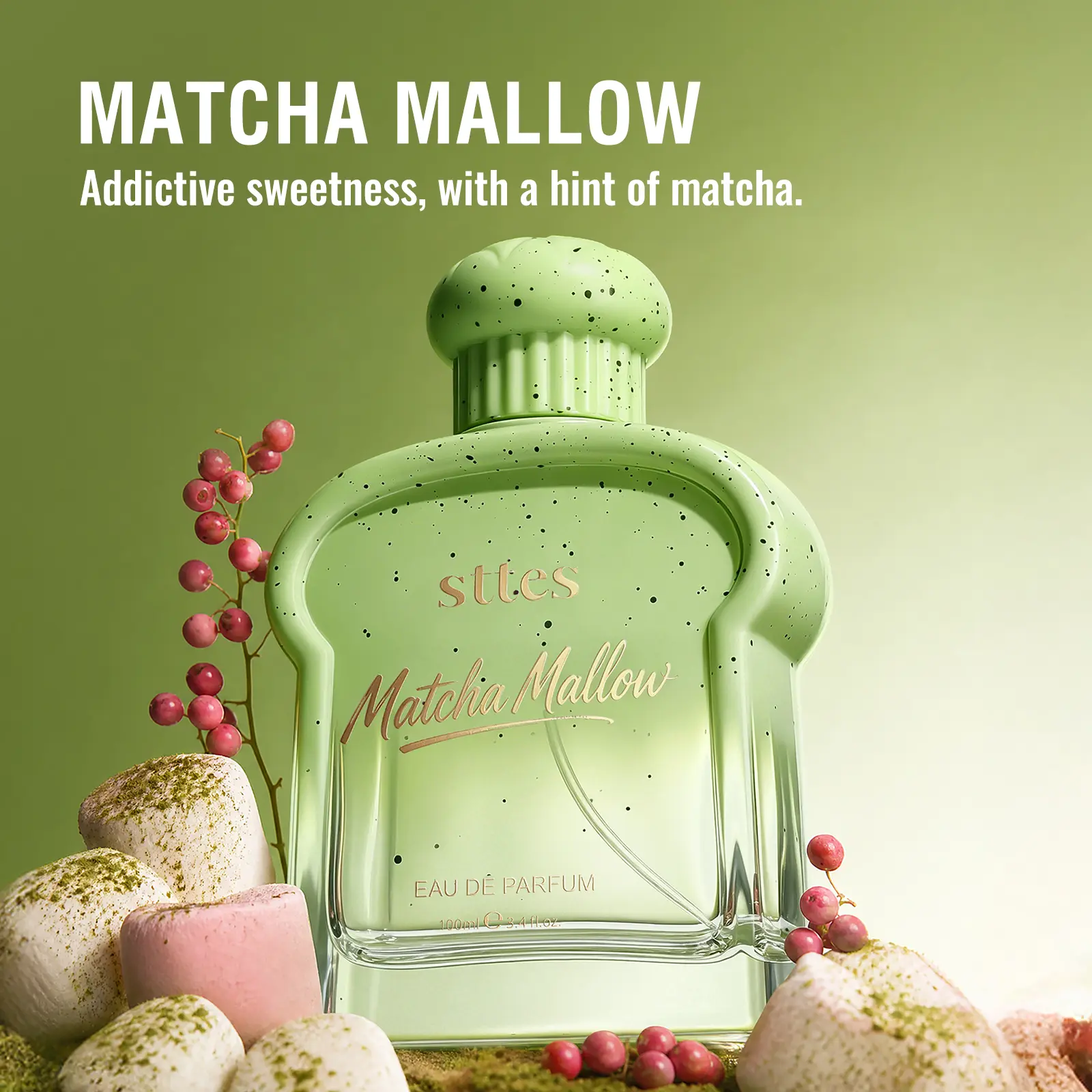 sttes Matcha Mallow Eau de Parfum for Women, Sweet Green Tea Gourmand Perfume with Matcha, Marshmallow, Vanilla & Musk, Long Lasting Fragrance Spray, 100ml/3.4 fl oz