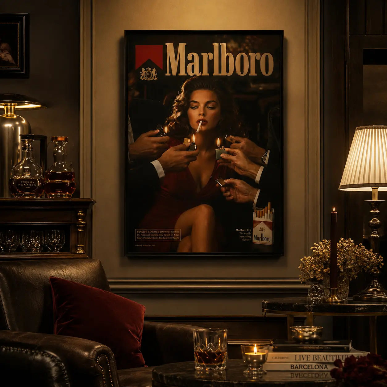 Vintage Glamour Woman  Poster, Retro 1970s Advertising Style Canvas Wall Art, Moody Brown Red Decor for Living Room, Bedroom, Bar, Lounge, Man Cave