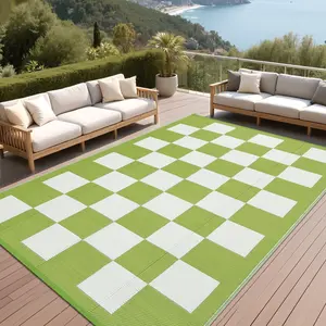 Modern Plaid Outdoor Rug - Washable Double-sided Plastic Straw Mat for Porch RV Balcony Patio Camping Beach Deck - Waterproof Stain-resistant UV-resistant