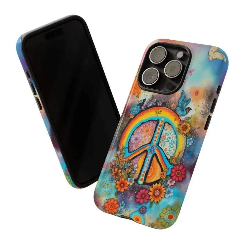 Shockproof Polycarbonate Peace Sign Floral Hippie Boho Art Smartphone Cover - Slim-Fit Protection Accessory for iPhone 11,12,13,14,15,16,17 Pro, ProMax, Plus, Air Devices