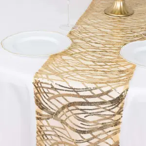 Mesh Table Runner 12"x108" Champagne - Wave Embroidered Sequin Table Decor