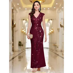 53231 Elegant Women's Shiny Sequin Slim Fit Bridesmaid Dress, V-neck, Short Sleeves, Cross Pleated Waist Design, Mermaid Hem, Perfect for Formal Weddings, Parties, or Celebrations Womenswear Workwear