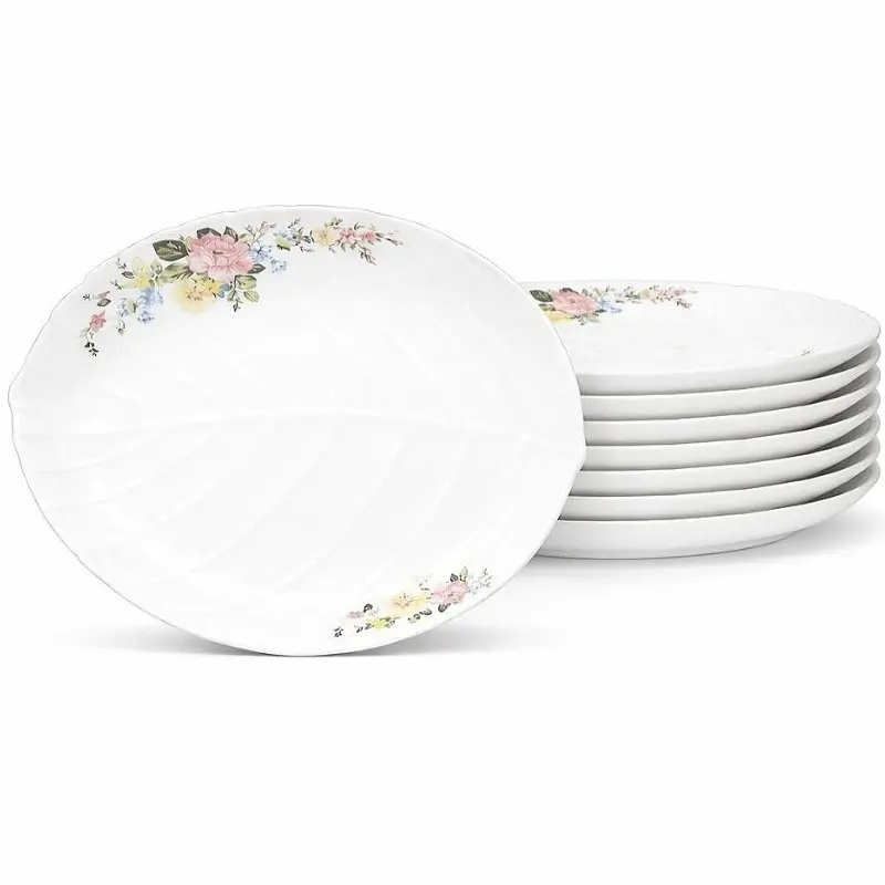 6/12pcs Premium Opal Ceramic Leaf Shaped Plates with Elegant Floral Pattern, 9in Heavy Luxury Dinnerware Set, White High End Serving Plates for Steak Pasta Salad, Modern Tableware for Home Dining & Gift Use