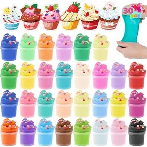 30 Pcs Valentines Day Multi Colored Butter Slime Set with Rubber Slices & Dessert Cards, Soft and Non-Sticky Stress Relief Slime Set Toy, Valentines Day Gifts for Kids, Party Favors