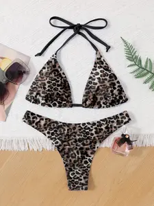 Women's Leopard Print Halter Neck Tie Back Bikini Set, Sleeveless Swim Top & High Cut Swim Bottom, Ladies Swimwear for Beach Holiday Vacation, Beach Bikinis, Halter Bikini Swimsuit, Bathing Suit