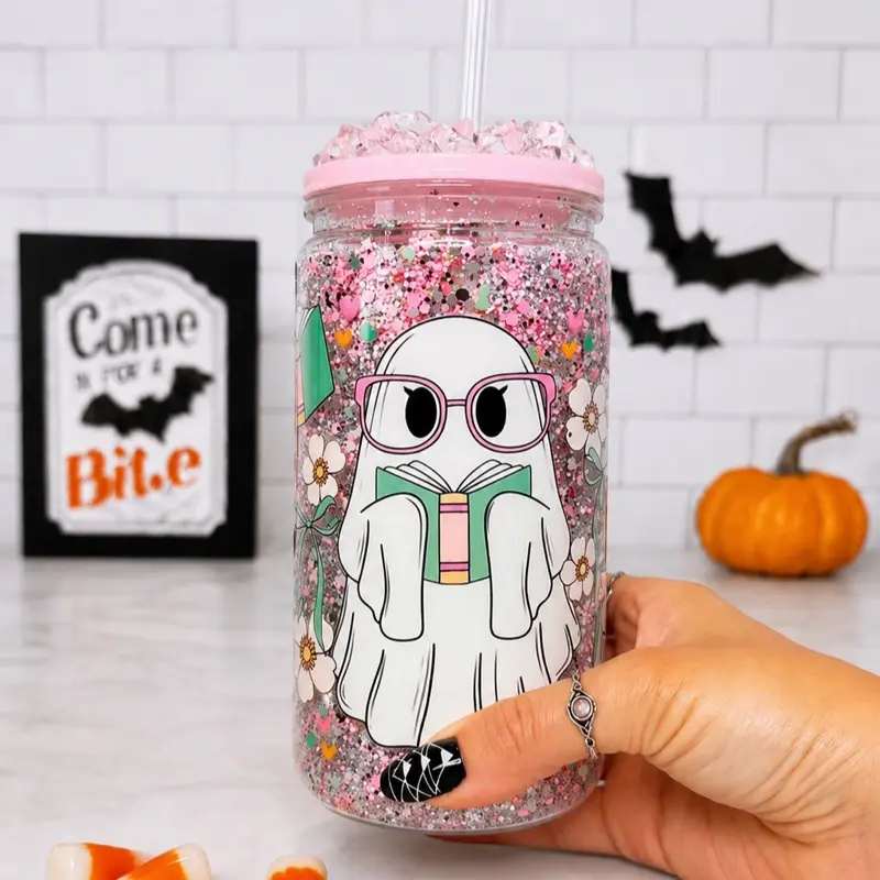 JCH Halloween HydraSwirl Tumbler - Stylish Glitter Flow Drinkware with Lid & Plastic Straw, Iced Coffee Cup, Portable Washable Reusable Tumblers for Adults, Cute Birthday Gift for Birthdays Celebrations