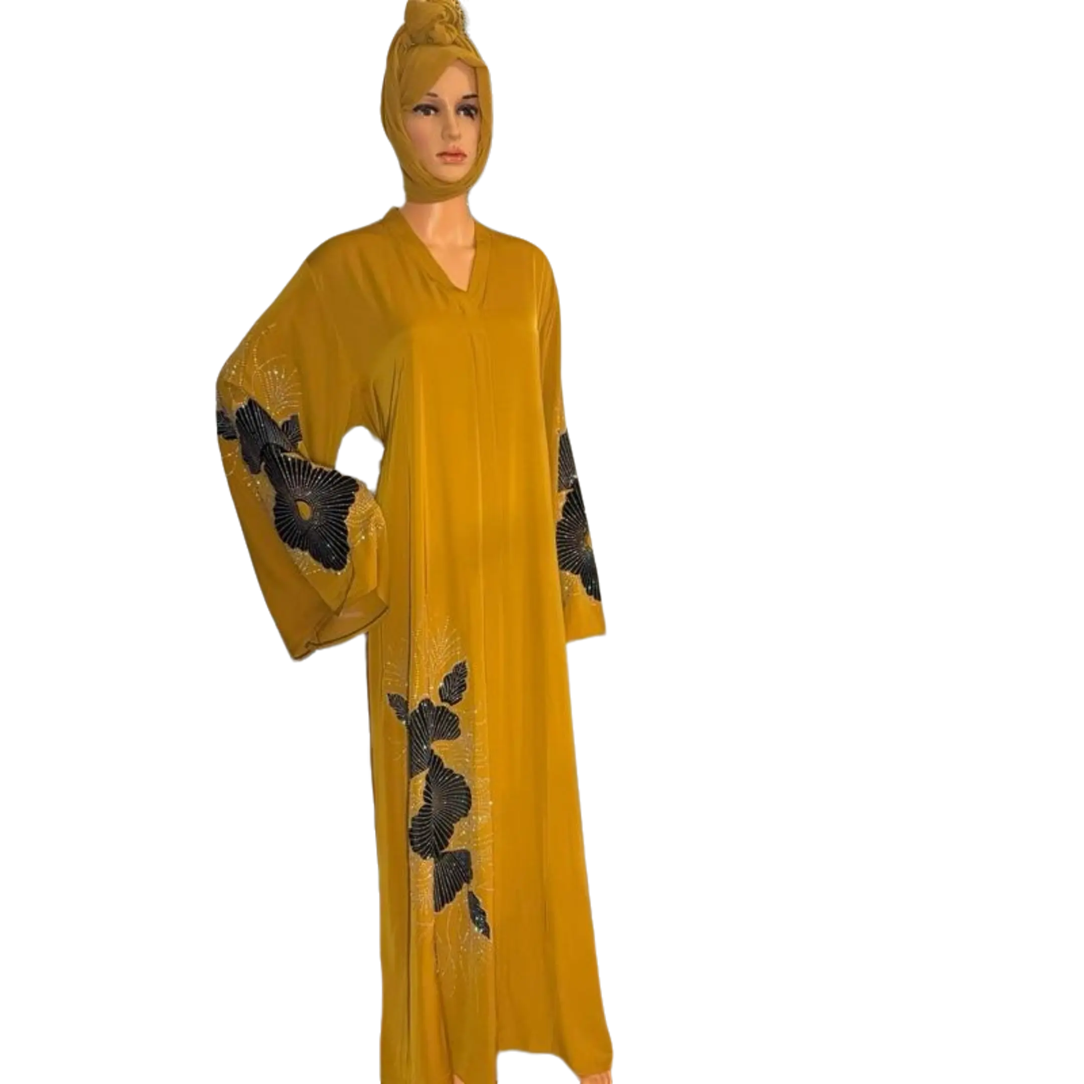 Luxury Yellow Abaya with Belt and Hijab - Elegant Design for Special Occasions