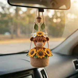 Crochet Cow Car Hanging, Highland Cow Rearview Mirror Charm, Handmade Boho Car Decor, Sunflower Amigurumi Ornament, Cute Gift