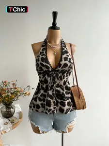 1 Piece Women's Halter Top, Leopard Print Lace Trim V Neck Tie Front Sleeveless Babydoll Cami Top, Flowy Peplum Casual Blouse, Figure Flattering for Daily Wear Vacation Brunch Going Out Streetwear