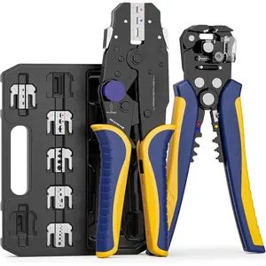 8 count Rapid Replace Ratchet Crimping Tool Set with  Regulating, Automatic Wire Stripper Heat Shrink, Non-Insulated, Open Barrel, Solar, Ferrule Connectors