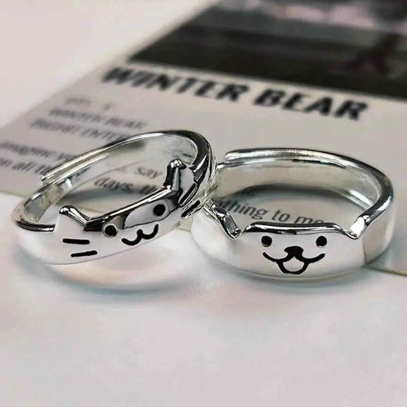 Cute Animal Couple Rings, Silver Alloy Cat & Dog Adjustable Ring Set, Matching Unisex Pair for Valentine's Day Jewelry Gift, Open, Double Rings