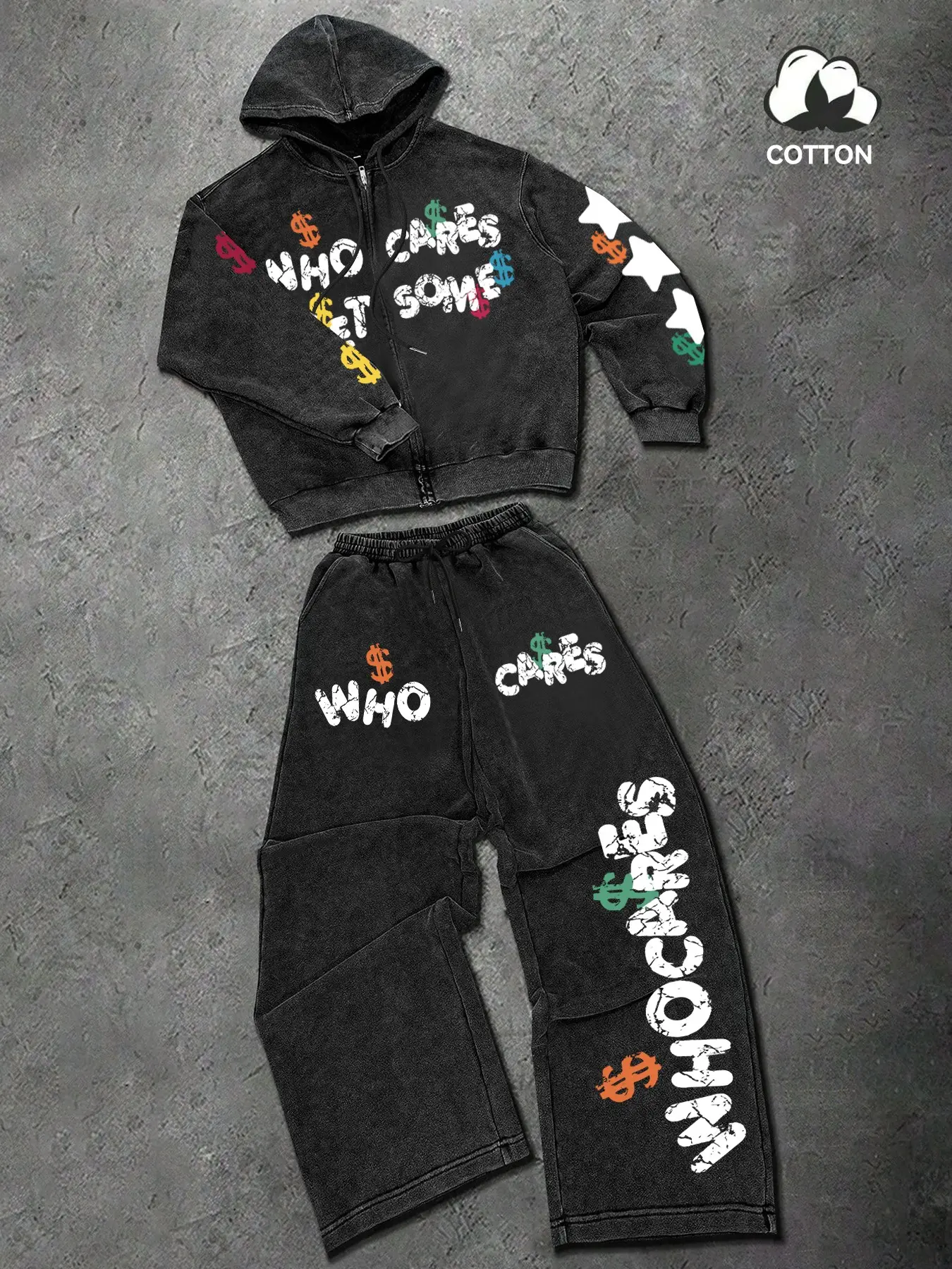 Vintage Wash Streetwear Tracksuit Set - Heavyweight Acid Wash Zip Up Hoodie & Wide Leg Baggy Sweatpants with Graffiti Dollar Print | Retro Y2K Aesthetic Two-Piece Outfit for Men/Women Daily Street Style Casual Sportswear