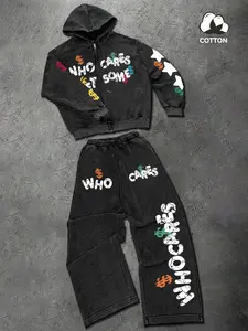 Vintage Wash Streetwear Tracksuit Set - Heavyweight Acid Wash Zip Up Hoodie & Wide Leg Baggy Sweatpants with Graffiti Dollar Print | Retro Y2K Aesthetic Two-Piece Outfit for Men/Women Daily Street Style