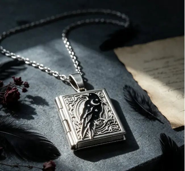 Vintage Raven Book Necklace, Gothic Style Jewelry, Openable, Witch Accessory, Pagan Style, Unique Magical Mystery, Raven Carving, Unisex Necklace