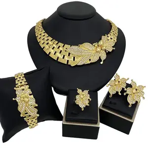 Italian Fashion 18K Gold Plated Jewelry Set For Women Classic Leaf Design 4PCS Full Set Jewelry Necklace Earrings Bracelet Ring Wedding Party Gift