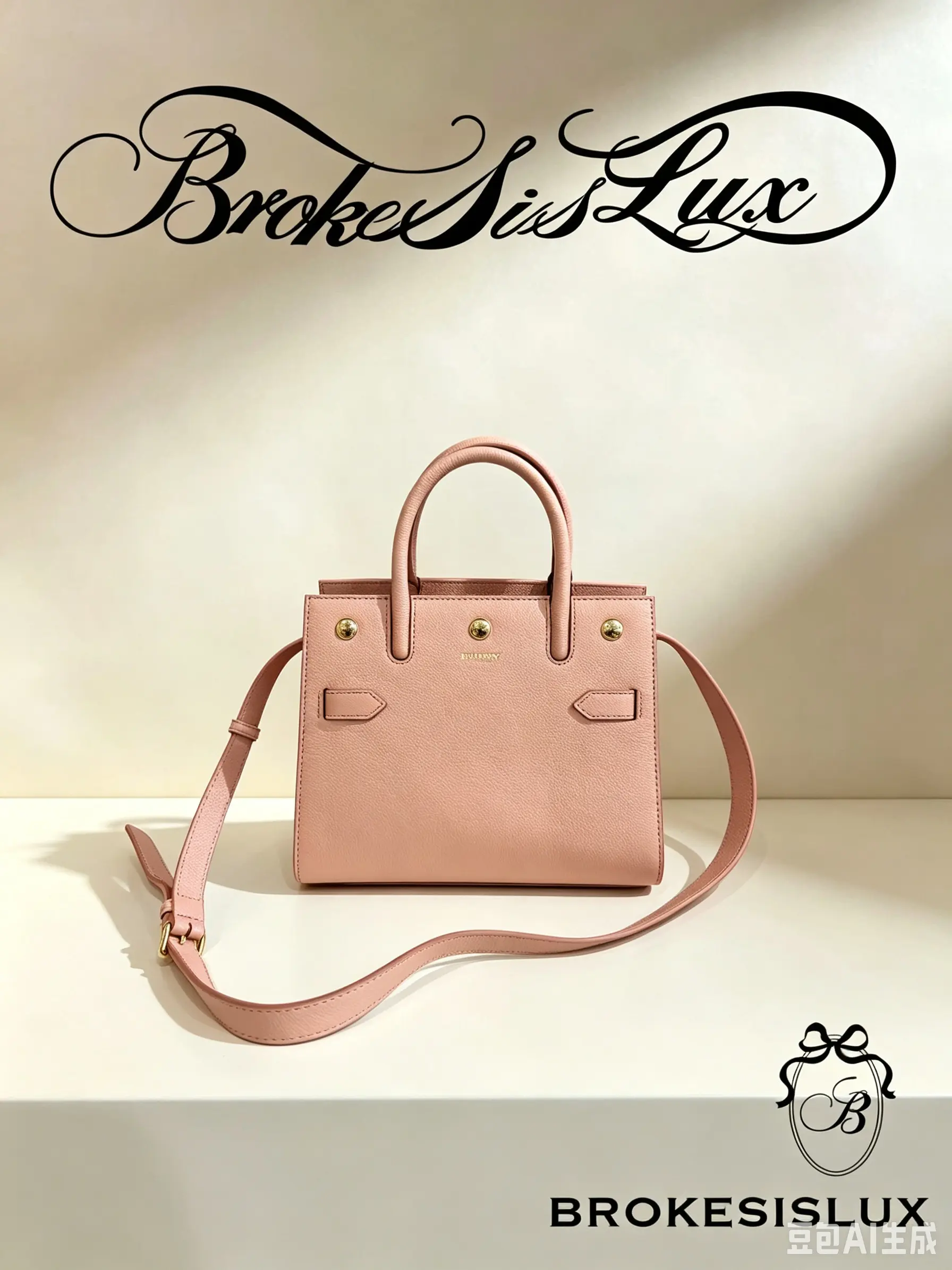 Pre-owned BURBERRY Mini Title Tote, Blush Pink Grained Calfskin, Gold Hardware Stud Details, Embossed Brand Lettering, Top Handles + Adjustable Crossbody Strap