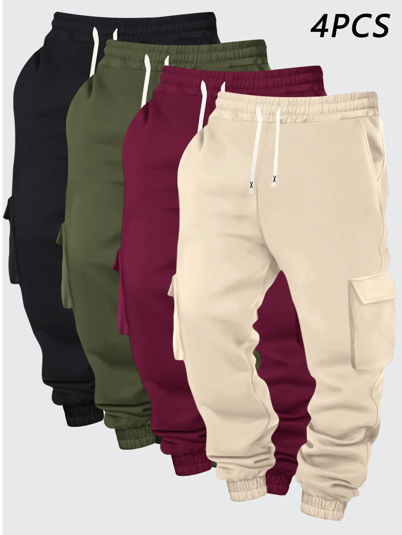 4-Pack of New Spring Fall Men's Work Pants with Multiple Pockets in Solid Colors Perfect for Summer Beach Vacations, Daily Commutes Workouts and Outdoor Hiking Loose-fitting Casual and Stylish Athletic Pants with Cuffed Ankle Fitness Jogging and Exercise