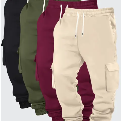 Men's 4-Pack Baggy Sweatpants - Solid Colors (Black-Army Green-Red-Blush Pink), Loose-Fitting Mid Waist, Multiple Pockets, Cuffed Pants, Polyester Blend Activewear for Daily Commute, Outdoor Hiking