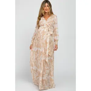 Taupe Floral Chiffon Maternity Maxi Dress