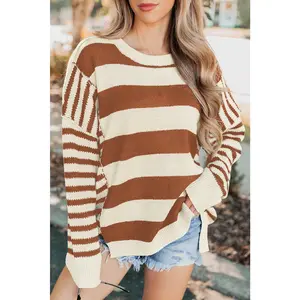 Brown Stripe Drop Shoulder Sleeve Patchwork Baggy Sweater