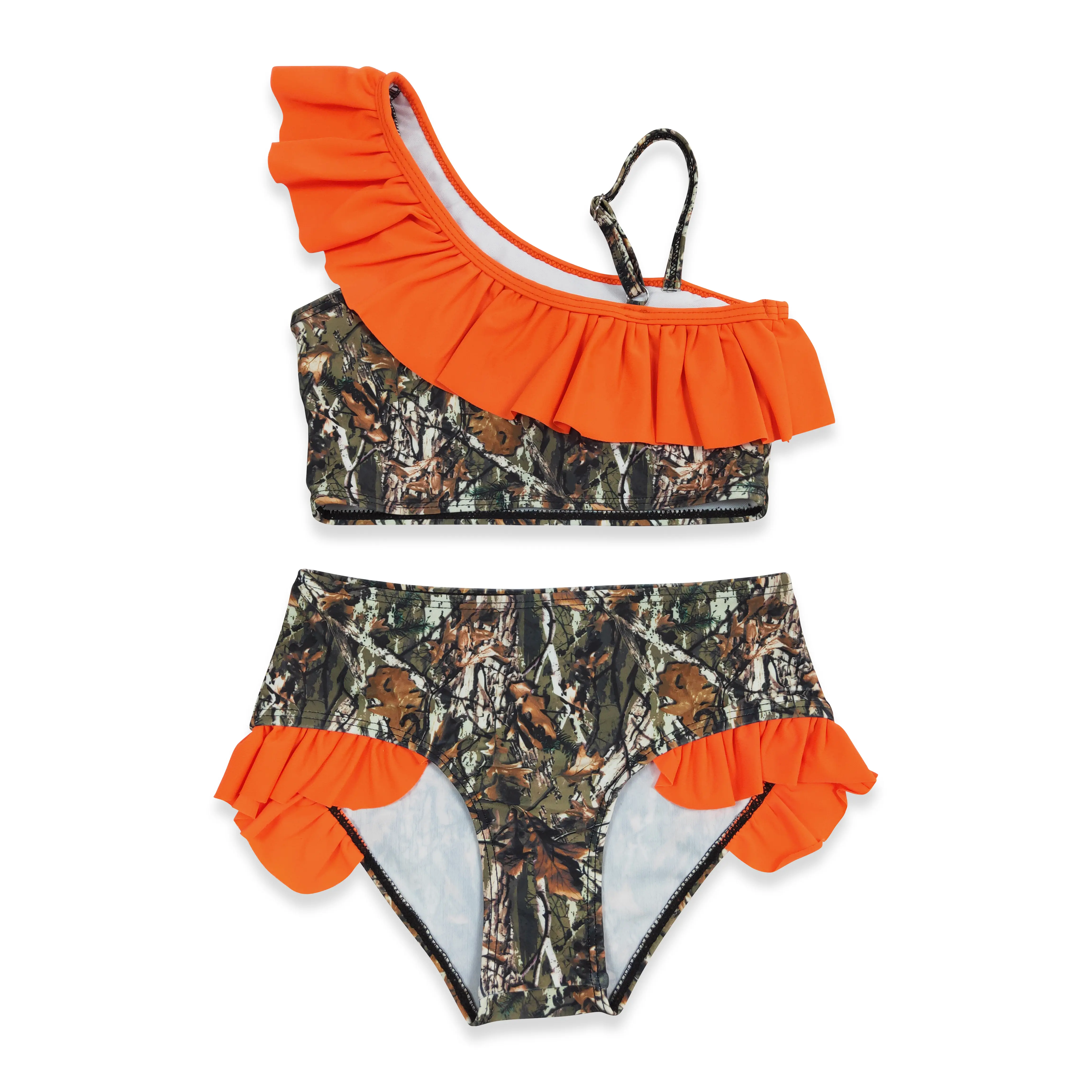 Kids' Fitted Round Orange Camouflage Print Summer Swimsuit, Sports & Outdoor Bathingsuits (Note: Girls Jeans is an irrelevant keyword not related to this swimwear product)