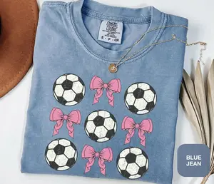 Comfort Colors Coquette Soccer Girl TShirt Pink Bows Soccer Balls Retro Vintage Soccer Mama Tee Soccer Mom Birthday Gift Team Soccer Player