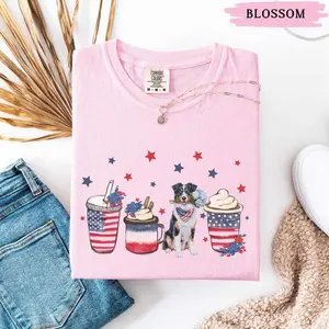 Patriotic Australian Shepherd July 4th Coffee Shirt, Comfort Colors Independence Memorial Day Dog Mom Tee, American Flag Aussie Lover Gift Cotton Fabric Top Womenswear