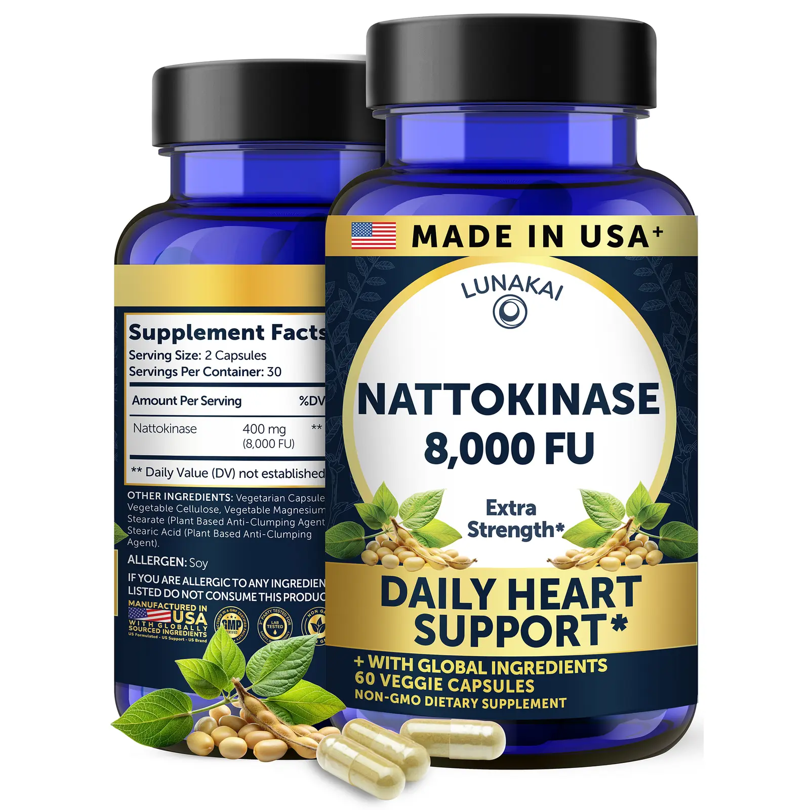 Lunakai USA Made Nattokinase Supplement – 400mg Natto Enzyme, 8000 FU per Serving – Heart & Circulation Support – Non-GMO, 60ct, 4000 FU Capsule