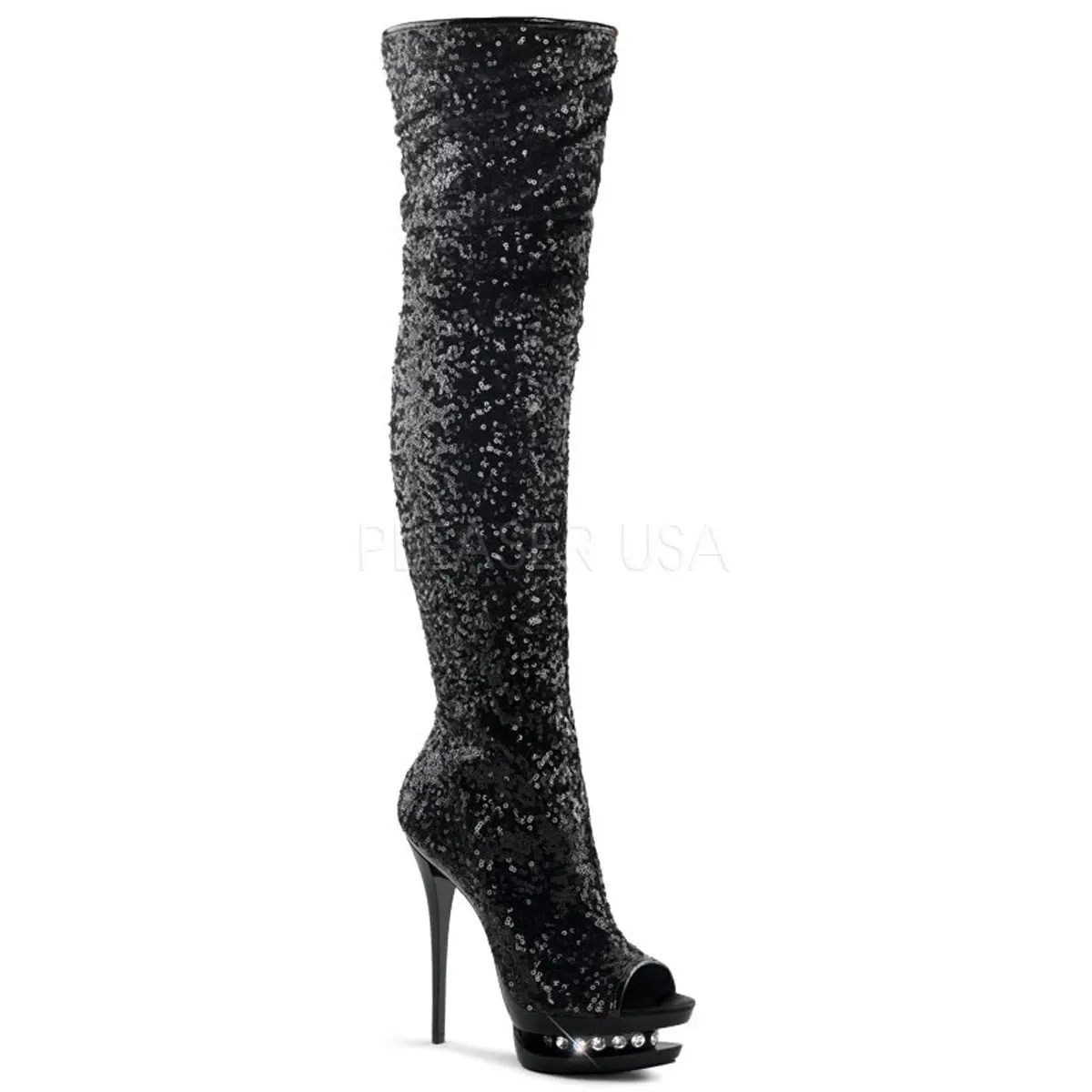 Women's Sequined Knee-High Boot, Open Toe 6-Inch Platform Heel with Rhinestone Decor, Zippered Statement Shoe for Bridal Parties, Footwear, Party, Statement Shoes, Side Zipper, Sequin Fabric, Sparkly, 6 In, Rhinestones