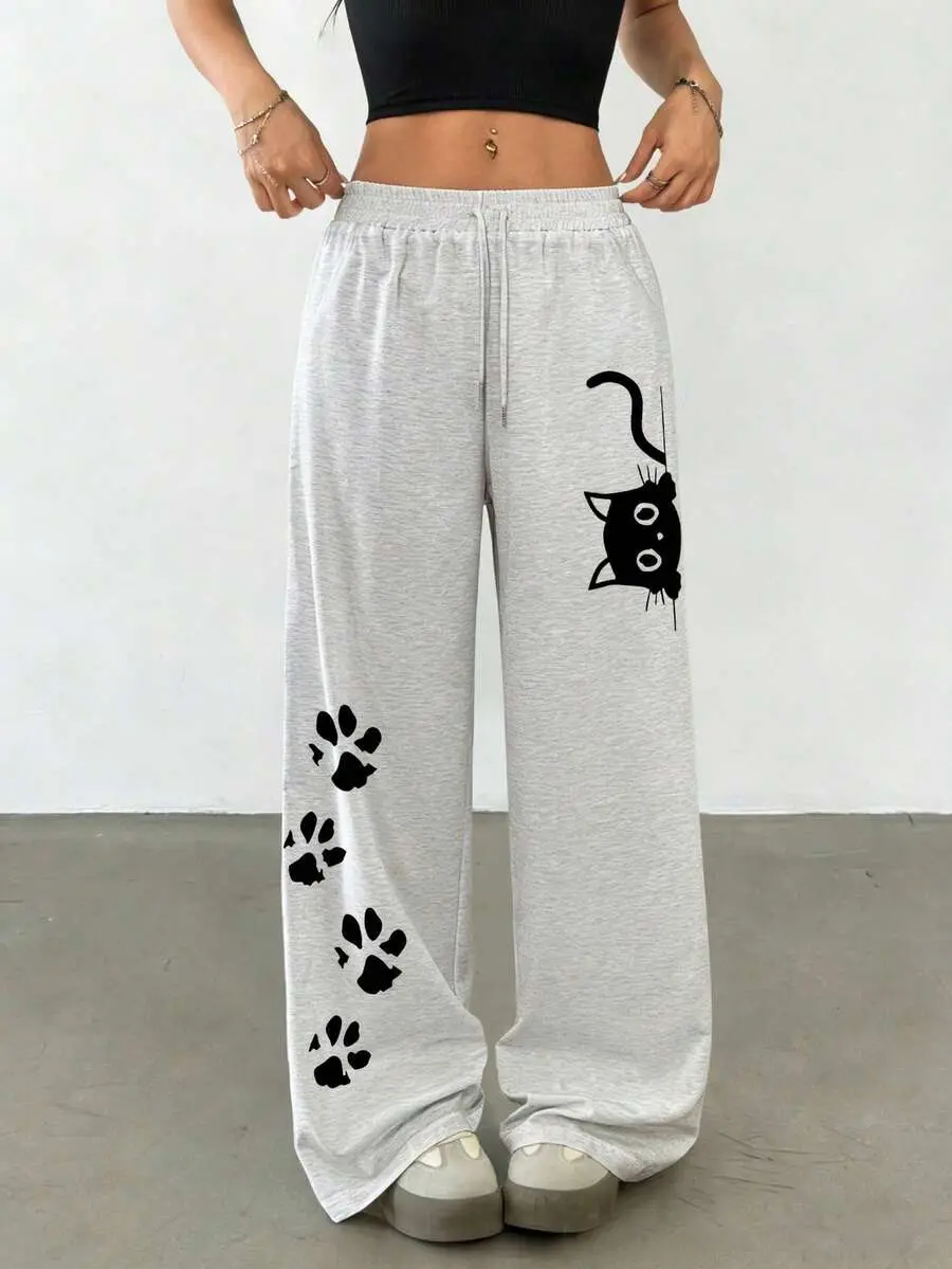 INAWLY Women's Black Cat Pattern Straight Leg Loose Long Lightweight Sweatpants, Women's Comfortable Joggers With Paw Print Design, Drawstring Waist, Fun Print Joggers, Casual All-Season Pants, Elegant Comfortable Design, Casual Outing Thin Sweatpants, L