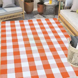 Buffalo Plaid Outdoor Rugs, 4' x 6' Orange and White Checkered Indoor/Outdoor Area Rug, Layering Rug for Hello/Welcome Door Mat, Washable Cotton Woven Farmhouse Mat for Fall Front Porch Decor