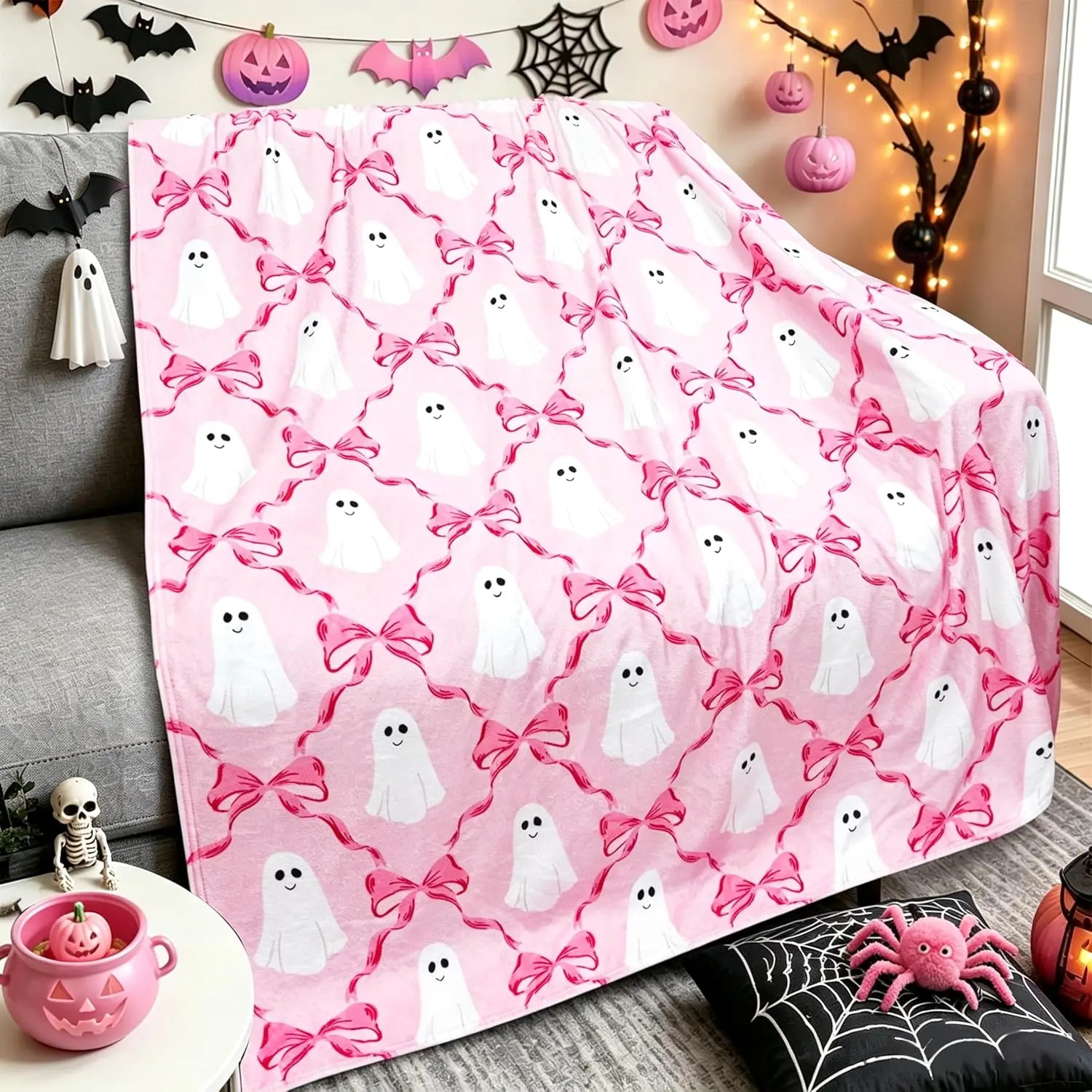 Blush Pink Halloween Throw Blanket - Cute Ghost and Bow Aesthetic, Ideal for Halloween Parties, Watch Party, Pink Bedroom Room Decor, House Decor Fall Home Gift, Coquette Vibes