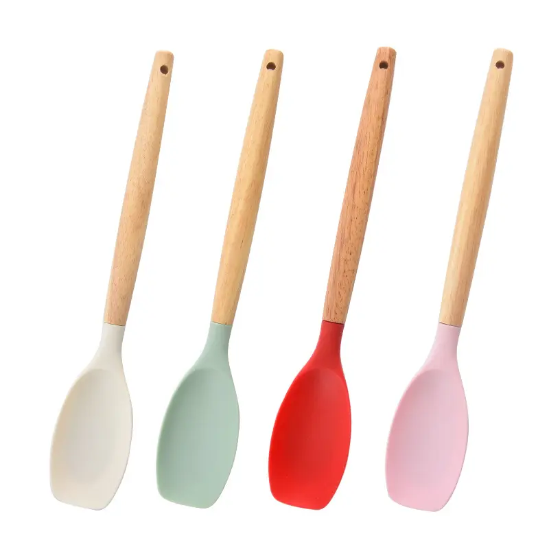 Silicone Cooking Spoon with Wood Handle, Cute Macaron Color, Safe for Non-Stick Cookware