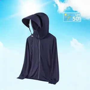 Men’s UPF 50+ Sun Protection Hooded Shirt — Full-zip lightweight UV jacket with detachable sun cap, breathable long-sleeve sun shirt, suitable for outdoor activities