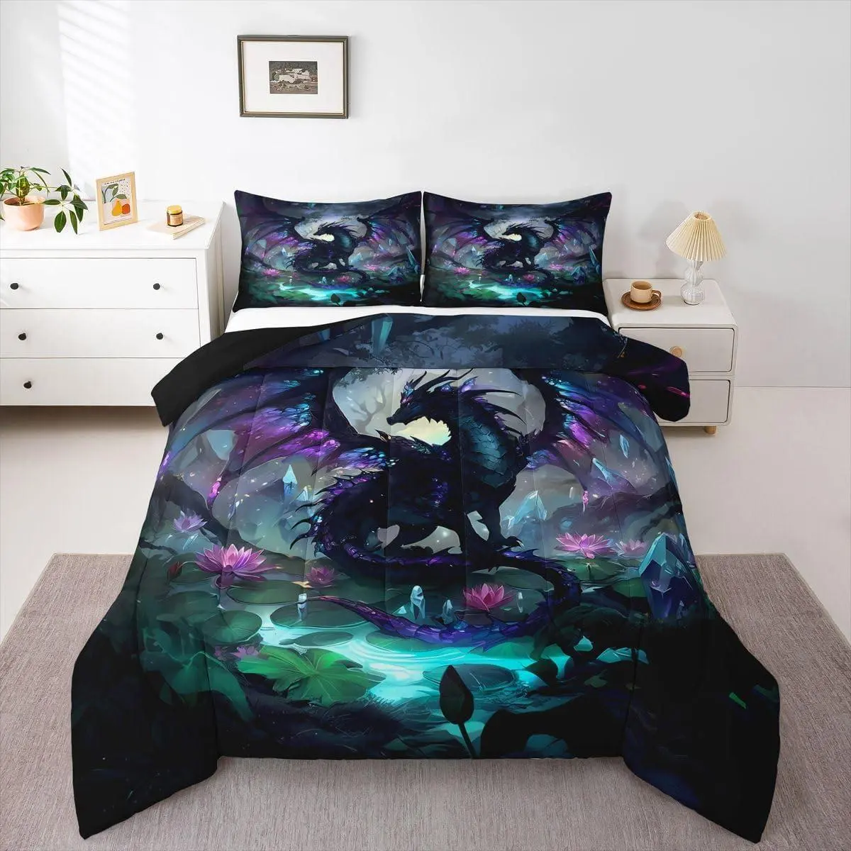 Dragon Comforter Set Dragon Stuff Bedding Set Wild Life Duvet Quilt Magic Wildlife Bedroom Decor Black Purplish