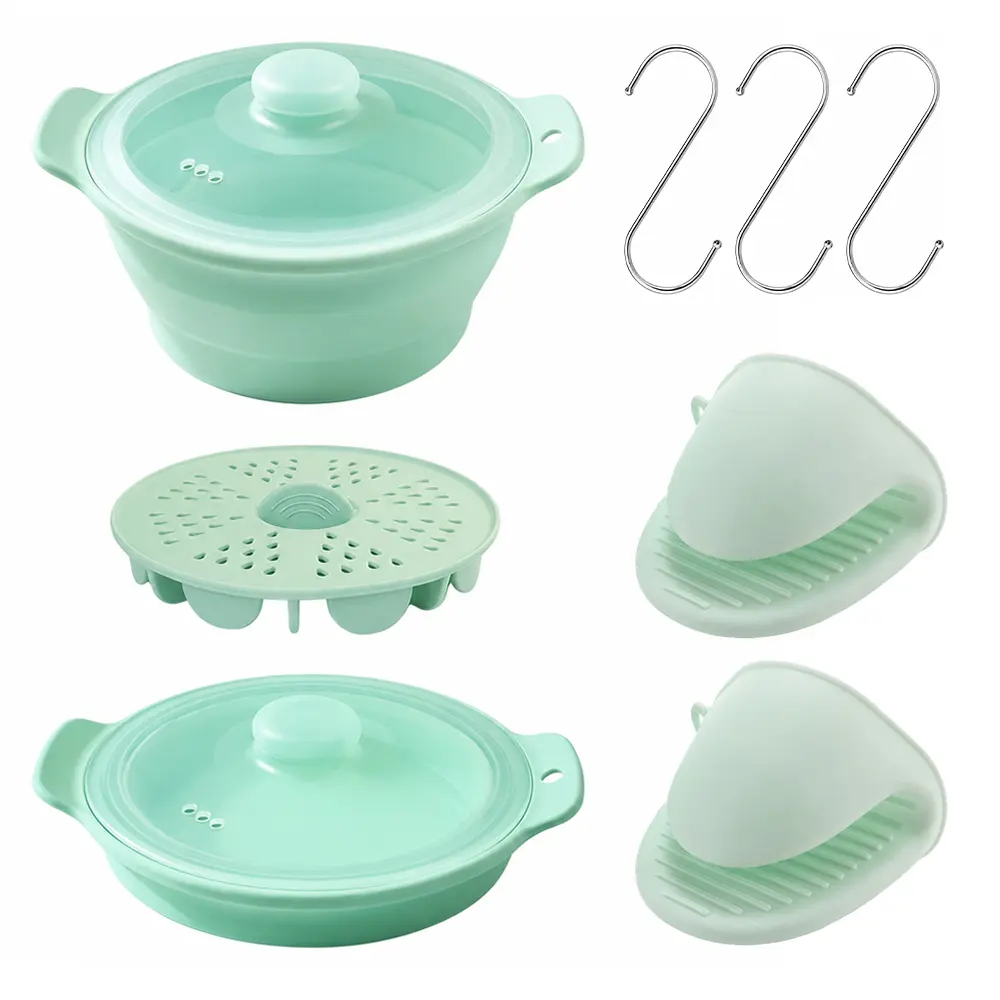 1Set Collapsible Silicone Microwave Vegetable Steamer with Removable Steam Rack, 42oz BPA-Free Silicone Steamer with Silicone Insulated Gloves & Hook for Cooking Fresh & Frozen Vegetables Dumplings Buns Prep Meal