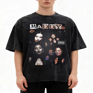 Vintage Washed Retro Collage Maddy Graphic Crew Neck T-Shirt, 100% Cotton Casual Oversized Short Sleeve Top for Men Women