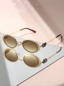 Light Vintage Oval Small Frame Fashion Sunglasses, Metal Frame Heart-Shaped Decoration, Casual Style for All Seasons